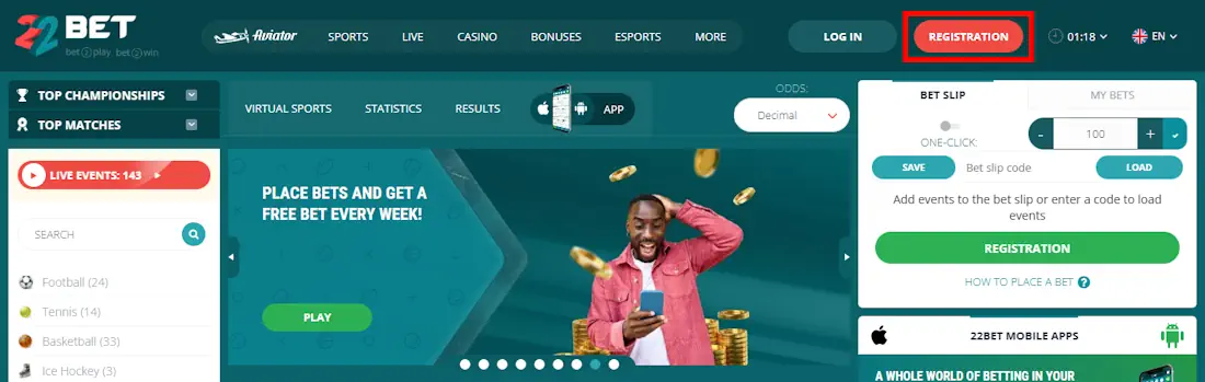 22Bet Kenya Registration Button Screenshot